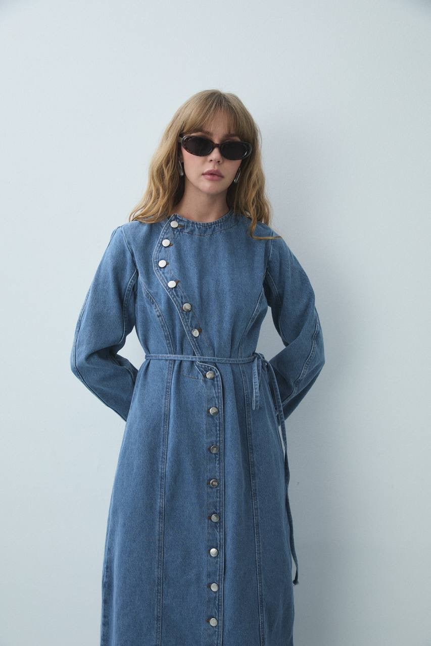 Product Name: The Asymmetric Charm Denim Dress – Light Blue
