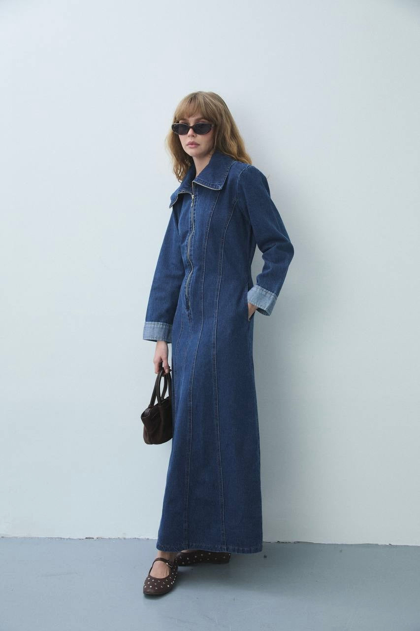 Denim Zip Maxi Dress Dark Blue