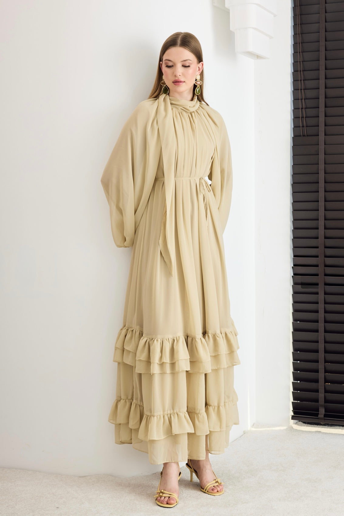 Almond Cream Chiffon Maxi Dress
