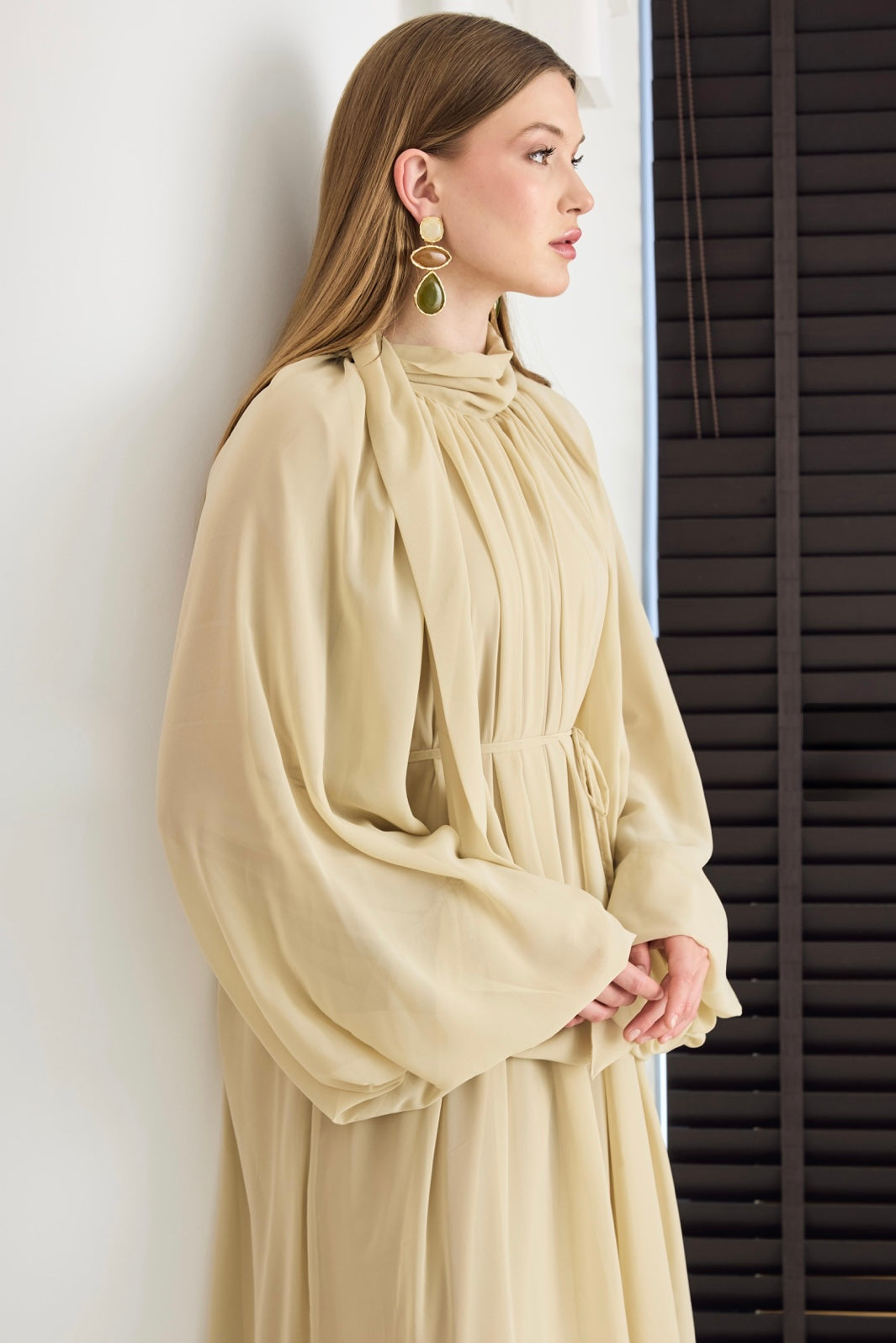 Almond Cream Chiffon Maxi Dress