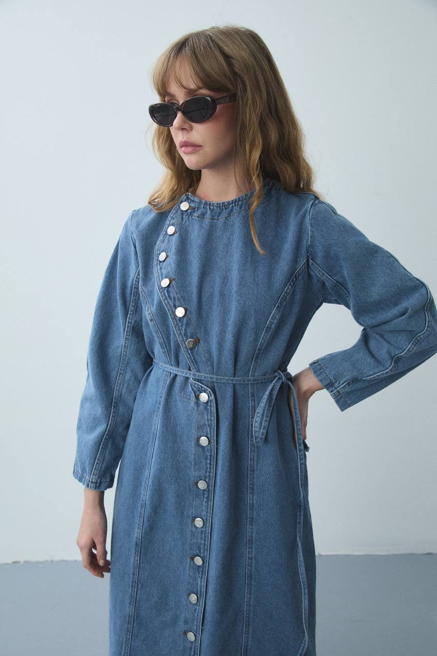 Product Name: The Asymmetric Charm Denim Dress – Light Blue