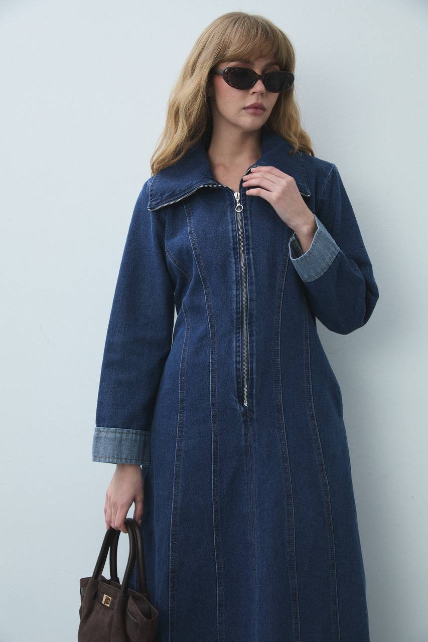 Denim Zip Maxi Dress Dark Blue