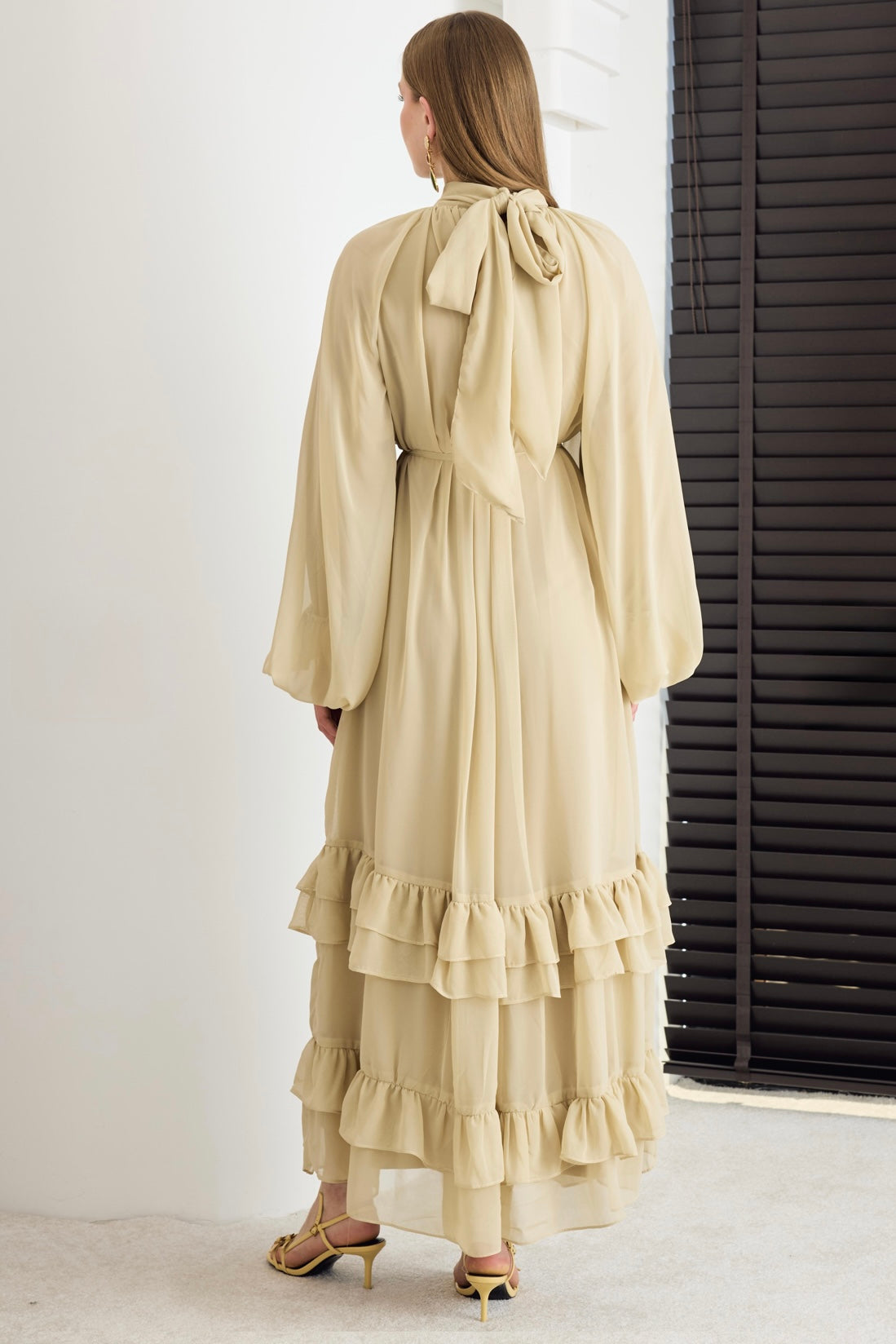 Almond Cream Chiffon Maxi Dress