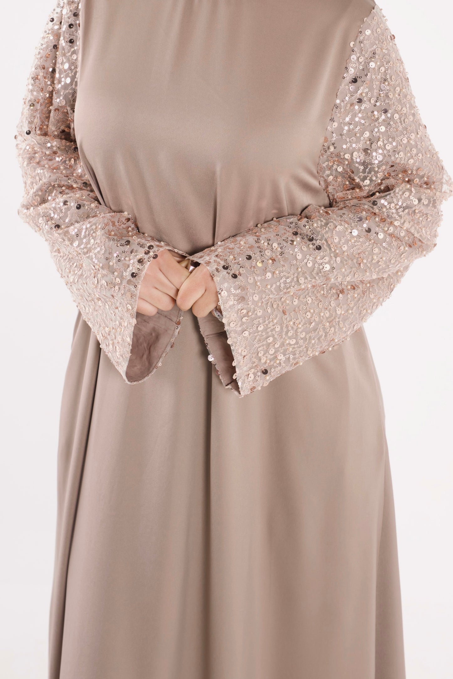 Sequin Bell Sleeve Abaya Taupe