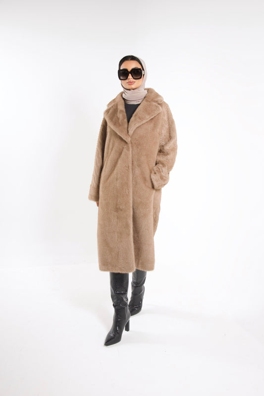 Fur Coat Met Vlecht Structuur Camel