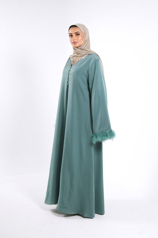Silky dress with fur sleeves Turkisch Blue