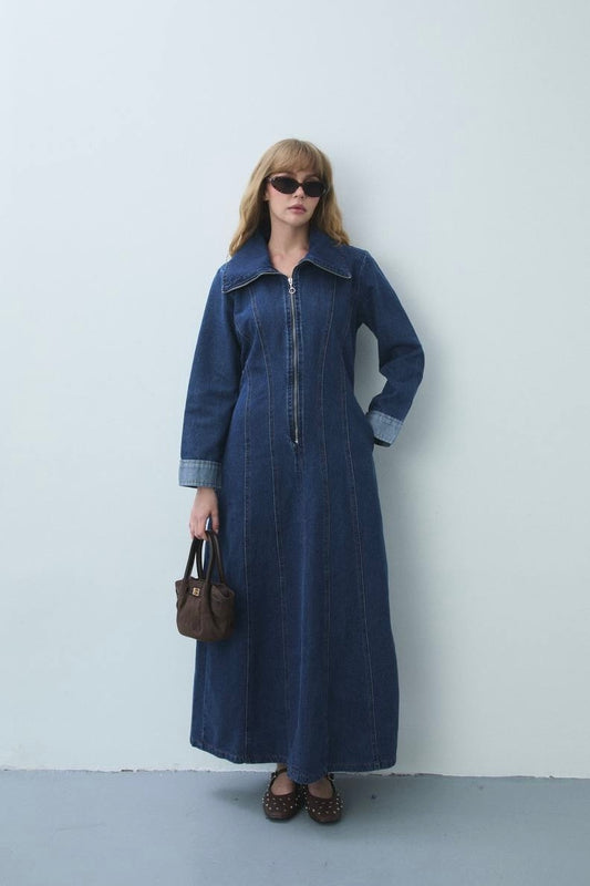 Denim Zip Maxi Dress Dark Blue