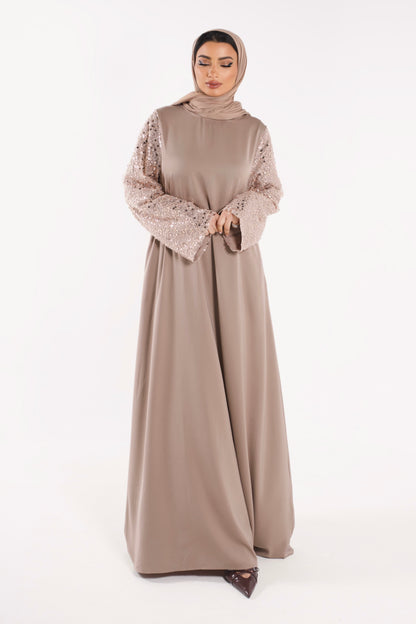 Sequin Bell Sleeve Abaya Taupe