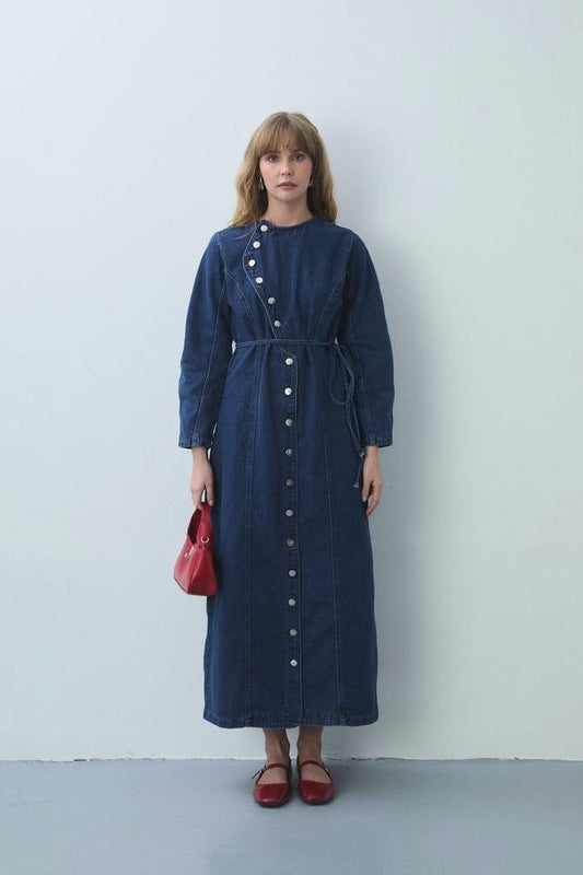 The Asymmetric Charm Denim Dress – Dark Indigo