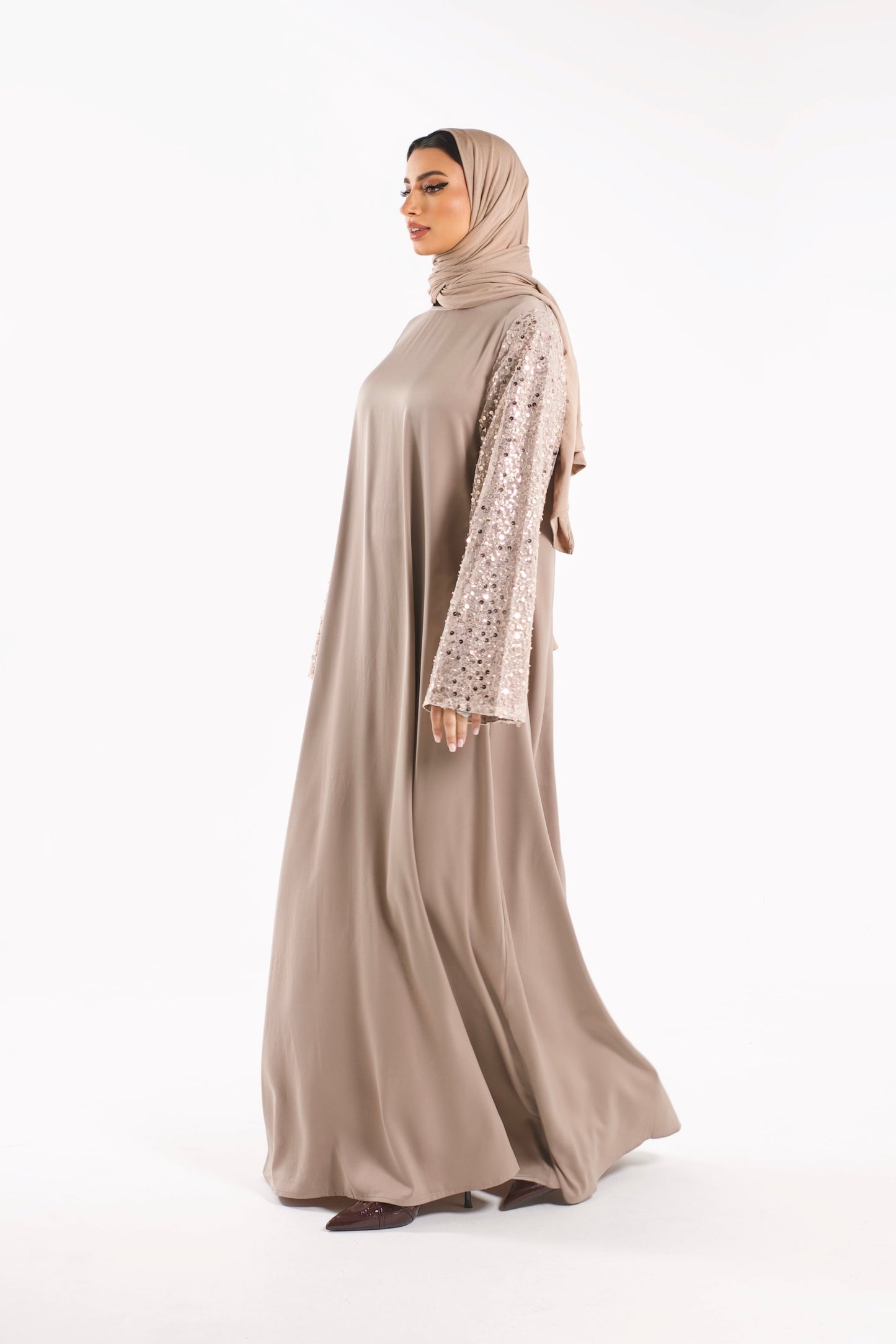 Sequin Bell Sleeve Abaya Taupe