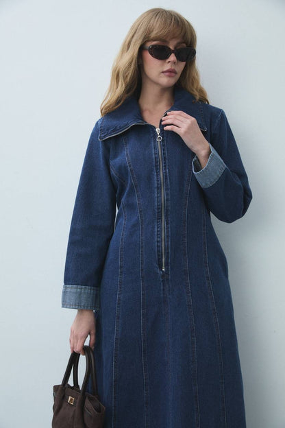 Denim Zip Maxi Dress Dark Blue