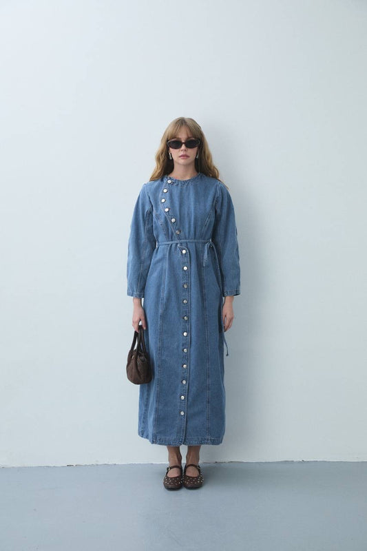 Product Name: The Asymmetric Charm Denim Dress – Light Blue